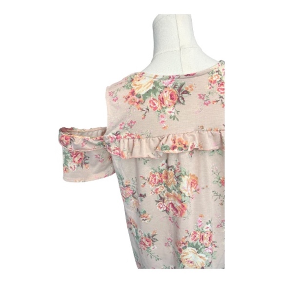 ๐ EUC AMELIA JAMES Womenโs Pink Yellow Green Floral Cold Shoulder Top | Size L - Picture 7 of 9
